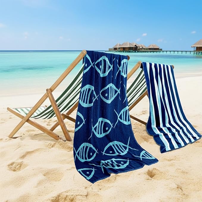 CASA COPENHAGEN Miami Towel 2Pcs Fish Blue - Blue Stripe Designer Stripe Beach Towels Gift Set, 30"x60" Oversized 100% Cotton Pool Bath Towel for Beach Gift Set (Summer Gift Set for Women & Men)
