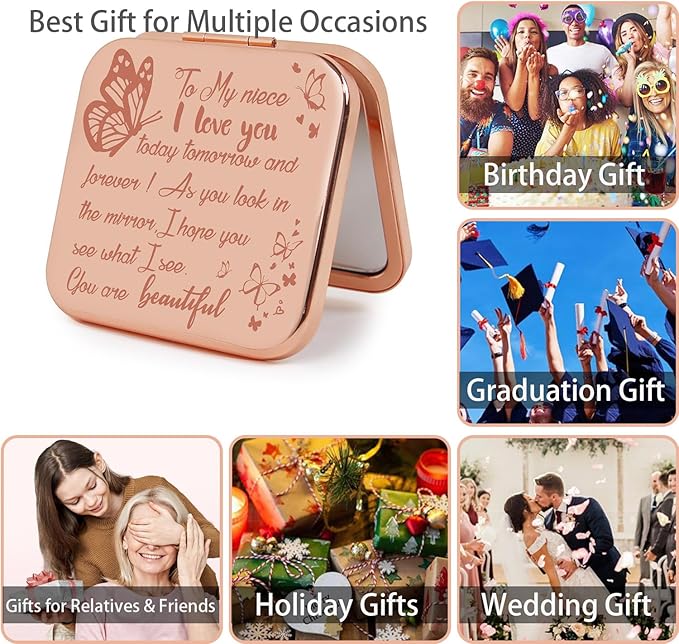 Small Compact Mirror, Rosegold Square 2.8”×2.8” Metal Frame Smooth Style Double Sided Mini Magnifying 1X/2X Mirror for Purse Can be Used as Gifts for Woman (RGNe03)