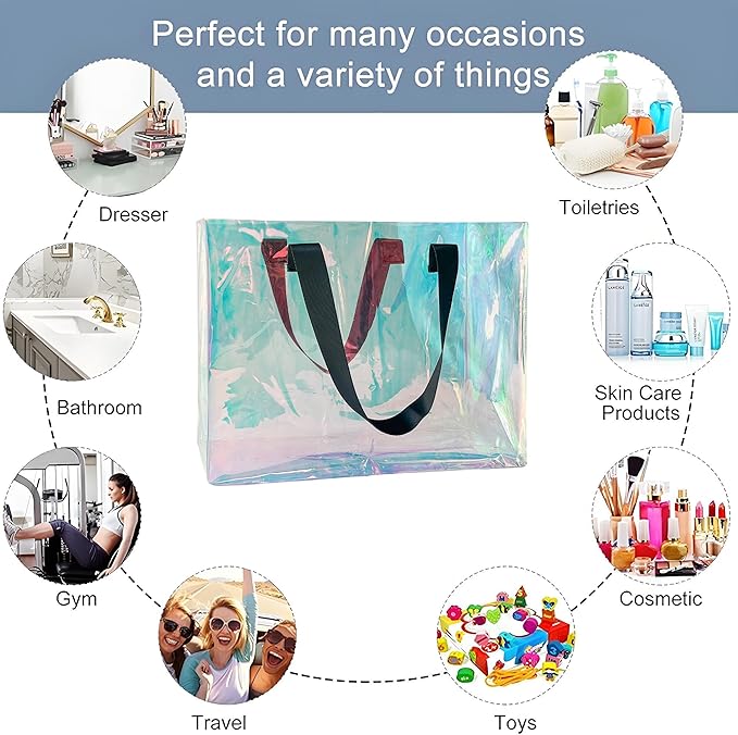 Holographic PVC Beach Bag Waterproof - 18×13×6inch Large Clear Tote for Women Men Pool Travel Sandproof Carry All