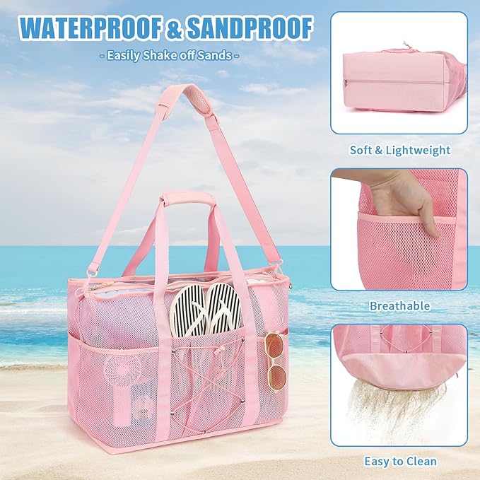 Mesh Beach Bag, Foldable Extra Large Beach Bags with Zipper Pool Bag with Portable Phone Pouch for Vacation Pool