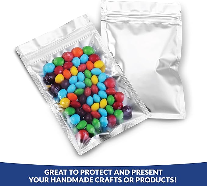 Mylar Bags with Zipper Seal 4" x 6" | 100 Bags | Resealable Heat Seal Bags for Candy and Food Packaging, Medications and Vitamins | Plastic and Aluminum Foil Packets for Liquid and Solids