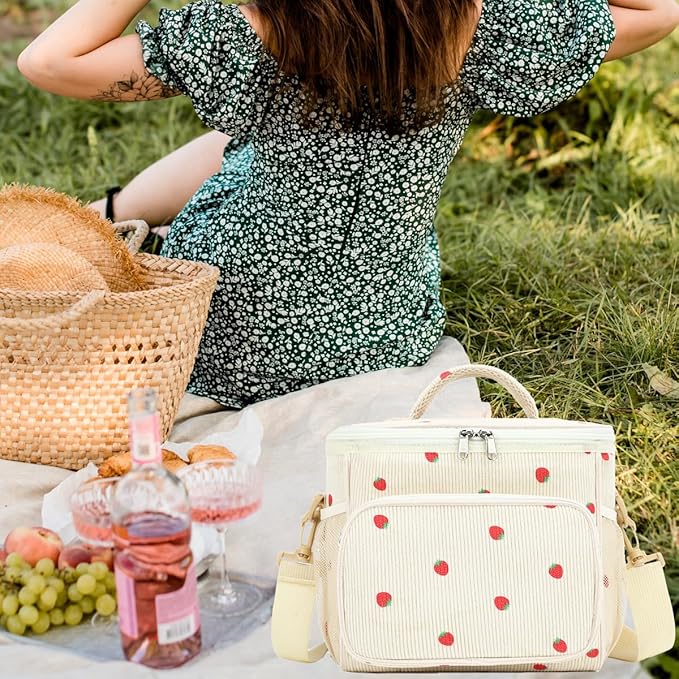 FlowFly Insulated Reusable Lunch Bag Adult Large Lunch Box for Women and Men with Adjustable Shoulder Strap,Front Zipper Pocket and Dual Large Mesh Side Pockets, Corduroy Strawberries Beige