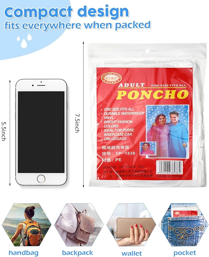 JaGely 80 Pack Disposable Adult Rain Ponchos Bulk Wedding Family Travel Theme Parks Homeless Hooded Elastic Outdoor Raincoat(Clear)