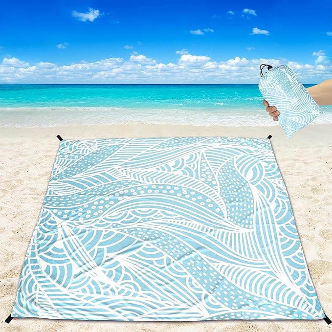 Beach Blanket Waterproof Sandproof Beach Mat for 1-8 Adults Quick Drying Durable Outdoor Picnic Mat for Beach Festival Travel Camping Hiking (BL-Ripple, 79"×83"(4 Person))