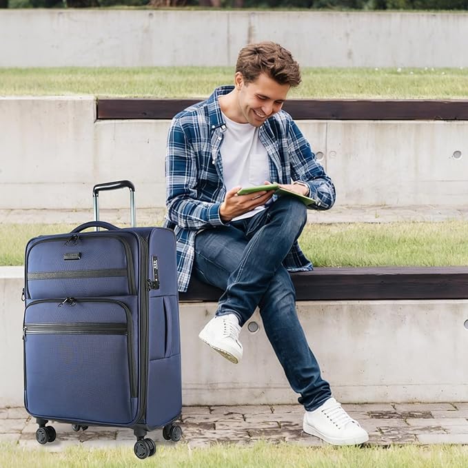 KROSER Softside Expandable checked Luggage with Front Business Pockets,24 Inch Suitcases with Spinner Wheels & Built-in TSA Lock, Durable Suitcase Rolling Luggage, Navy