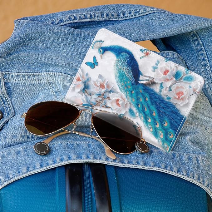 PU Leather Passport Holder Cover 5.9×4.3 Inch with Credit Card Slot and Boarding Pass Slot Combo Blocking Passport Holder Wallet Cover Case for Travel Boarding Essentials (Peacock)