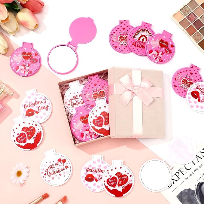 Namalu 36 Pcs Galentine's Day Pink Mini Compact Mirrors Gifts Bulk for Women Portable Round Pocket Makeup Mirror Gift for Xmas Purse Party Favors