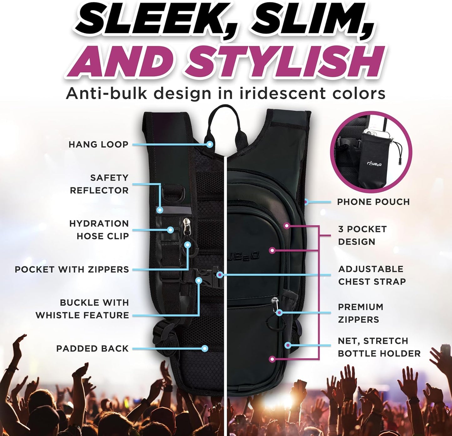 Rave Hydration Backpack β Anti-Theft Festival Hydration Pack with 1.5L Leakproof TPU Bladder β Slim, Insulated Water Pack with Secret Pockets & Breathable Back β for Raves, Music Festivals, EDC