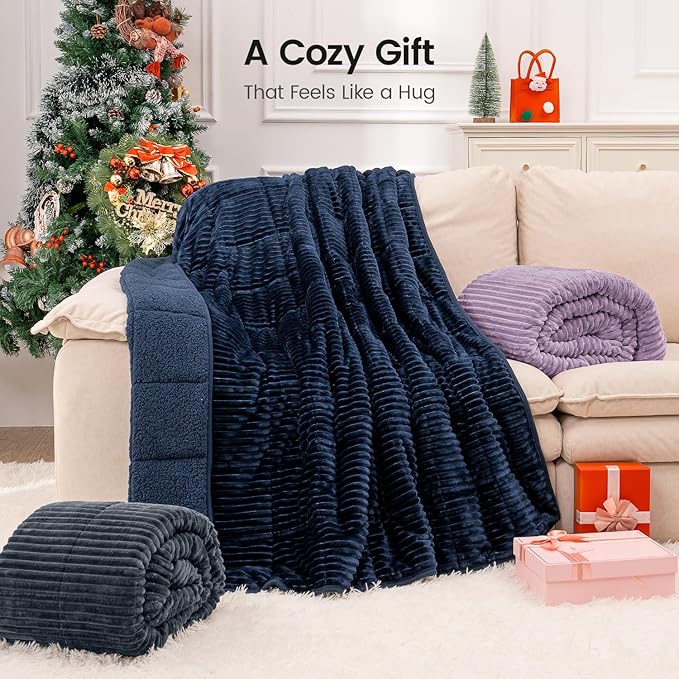 Sherpa Fleece Weighted Blanket with Ribbed Stripes for Adults, 15 lbs Dual Sided Cozy Warm Blanket for Couch Full Size Bed, Glass Beads Heavy Thick Blankets Great for Sleep, Light Purple, 60" x 80"