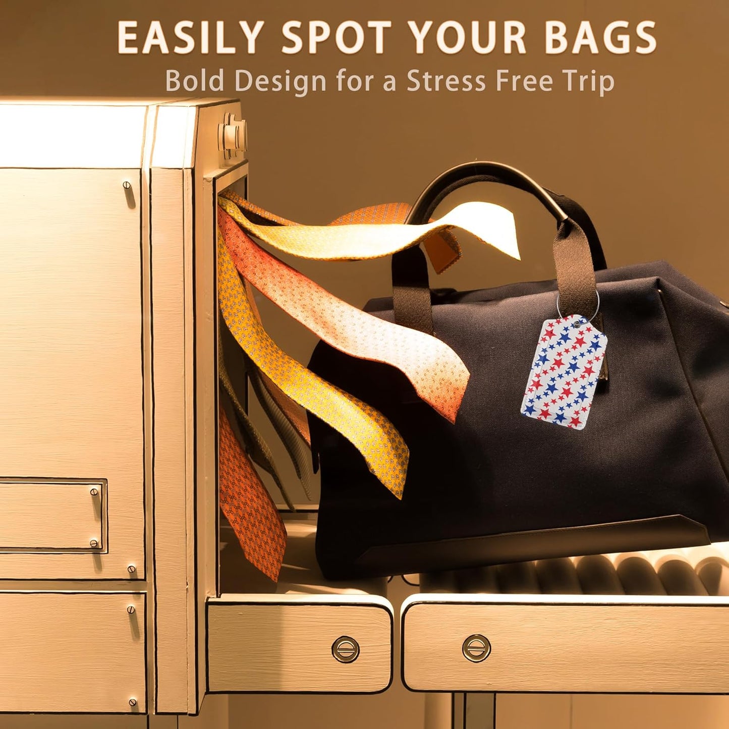 American Patriotic Stars Luggage Tags Bag Tag with Privacy Cover Name Id Card Stainless Steel Loop Suitcase Labels Pu Leather USA Flag Baggage Tags for Travel,2 Pcs