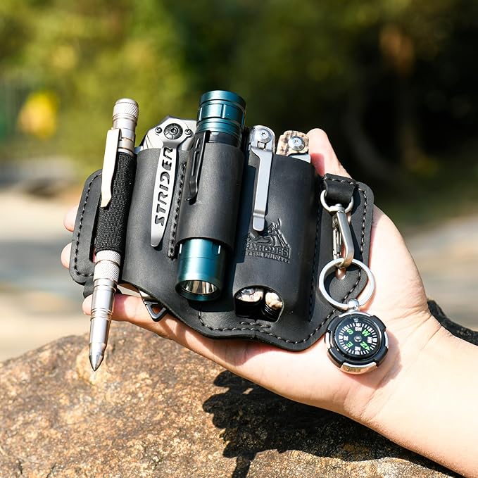 FLYHOMES Premium Full-Grain Genuine Cowhide Leather Multitool Sheath | Handmade Stitched Belt Organizer for Leatherman, Flashlight, Pen & EDC Tools | Multi-Tool Holster Pouch with Keychain Clip