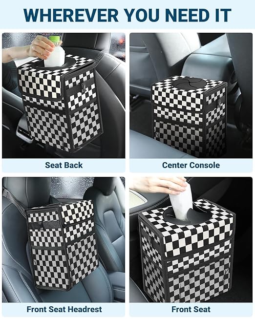 Capolo Car Trash Can with Lid, Leakproof Car Trash Bag Hanging Waterproof Automotive Garbage Can with Storage Pockets Mini Vehicle Trash Bin for Back/Front Seat(Corduroy Black Checkerboard,3 Gallon)