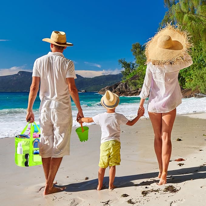 Large Mesh Beach Bag - Lightweight & Foldable Family Beach Bag with 9 Pockets for Toys, Towels & Vacation Essentials
