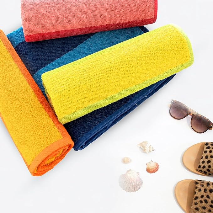 CASA COPENHAGEN Malibu Towel 4Pcs Lime Green Designer Stripe Beach Towels Gift Set, 30"x60" Oversized 100% Cotton Pool Bath Towel for Beach Gift Set (Perfect Summer Gift Set for Women & Men)