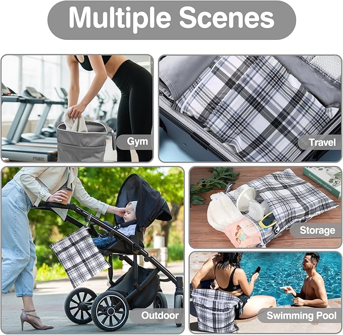 2pcs Cloth Diaper Wet Dry Bags Waterproof Reusable with Two Zippered Pockets Travel Beach Pool Daycare Soiled Baby Items Yoga Gym Bag for Swimsuits or Wet Clothes- Plaid