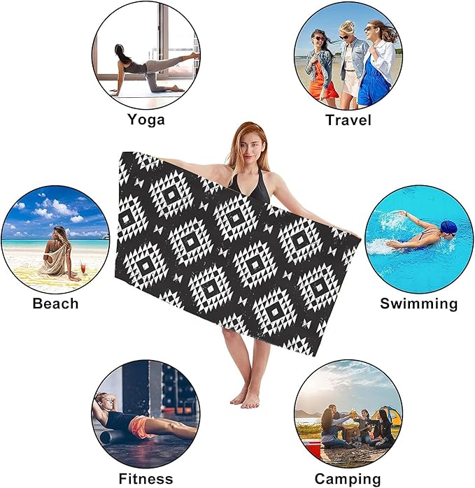 Geometric Microfiber Beach Towels,Tribal Black and White Geometric Oversized Absorbent Bath Towels,Soft Quick Dry Thin Camping Towel for Adults Women Men,29.5"×59"