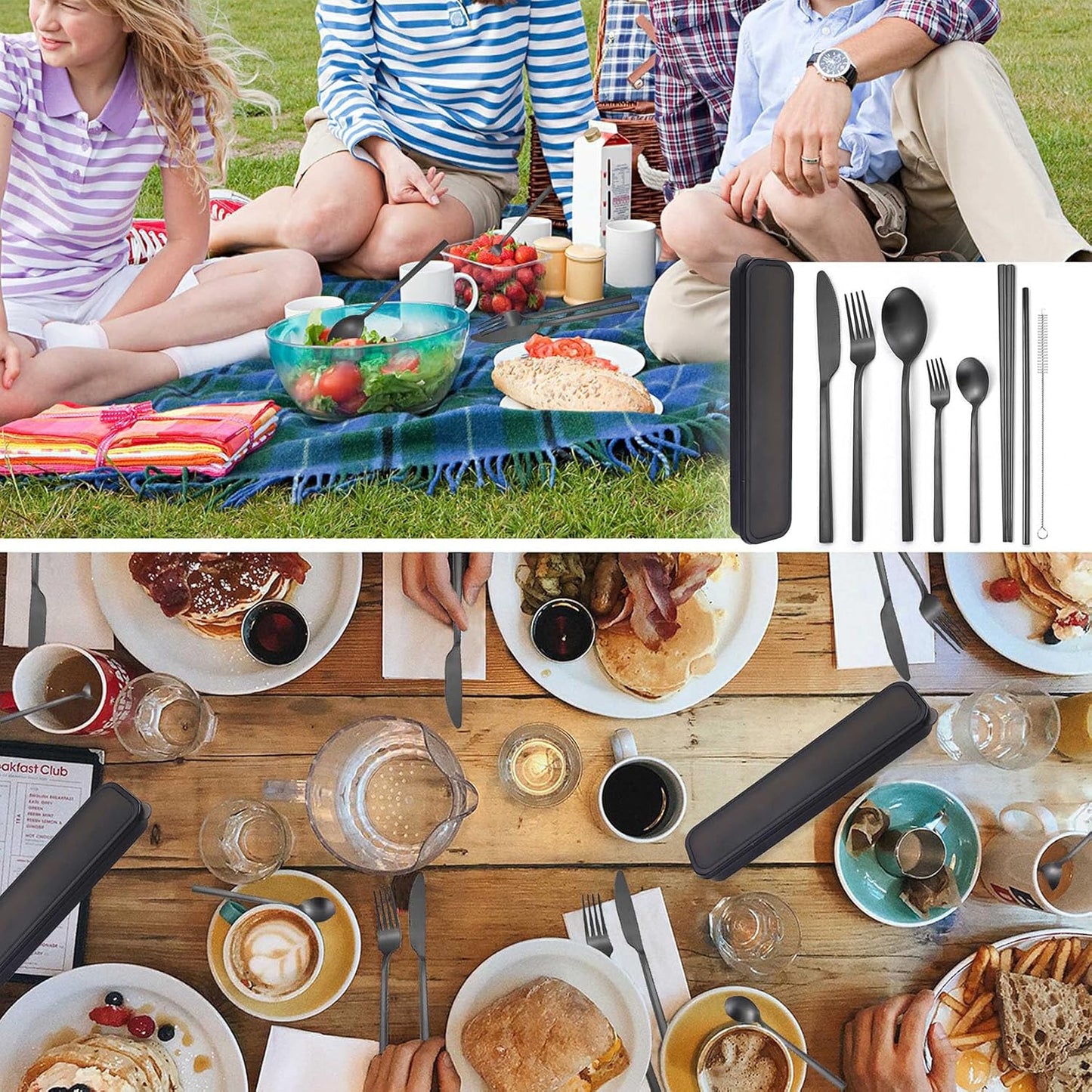 AARAINBOW 6 Pieces Stainless Steel Flatware Set Portable Reusable Cutlery Set Travel Utensils Set Including Chopsticks Knife Fork Spoon Straws Cleaning Brush Dishwasher Safe (B-Black)