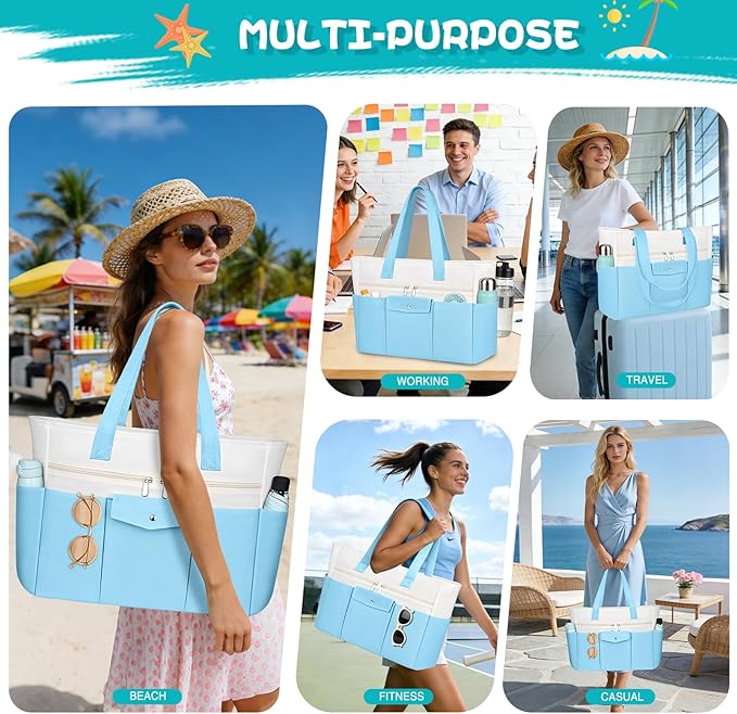 Beach Bags for Women Large Canvas Beach Tote with Zipper Wet Pocket, Waterproof Foldable Swim Pool Travel Tote Bags