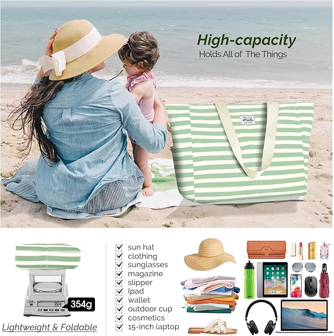 HOMESPON Large Waterproof Beach Bag for Women Sandproof Tote Bag Pool Bag with Zipper and Pockets for Travel Vacation Gym