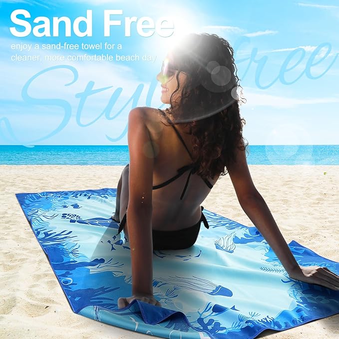 Lightweight Thin Microfiber Beach Towel Oversized Quick Dry Compact Sandproof Clearance Towels Sand Free Camping Swimming Pool Easy Pack Travel Accessories Essentials Women Adults Blue Turtle