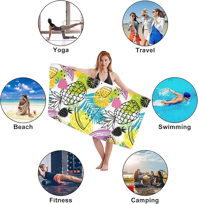 Strawberry Microfiber Beach Towels,Tropical Abstract Pineapple Strawberry and Orange Oversized Absorbent Bath Towels,Soft Quick Dry Thin Camping Towel for Adults Women Men,29.5"×59"