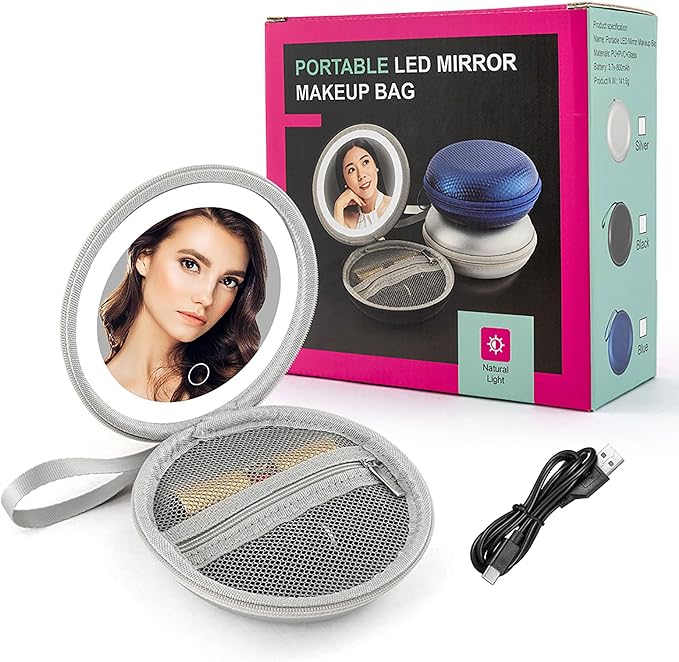 LED Makeup Mirror with Storage Pouch Portable Lighted Mirror, USB Rechargeable Travel Vanity Mirror with Waterproof Bag, 3 Color Modes, Gift for Women (Silver)