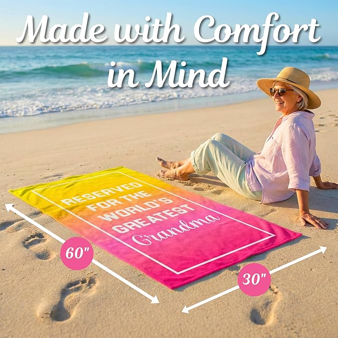 Grandma Beach Towel – Best Grandma Ever Gift, 60”x30” Beach & Pool Towel for Summer, Vacation, Travel, Birthday, Mother’s Day or New Grandma Present from Granddaughter or Grandson