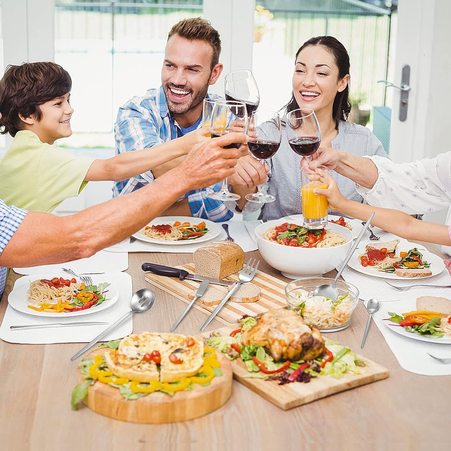 Matte Serving Silverware Set, 5-Piece Round Shared Utensils Set of Stainless Steel, Hostess Flatware Serving Set, Satin Finish, Dishwasher Safe