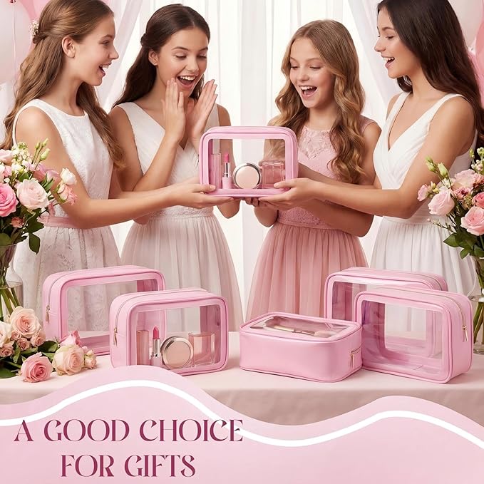 Hsei 6 Pcs Clear Makeup Bags with Color Edged TSA Approved Travel Toiletry Bags with Zipper Clear Cosmetic Bag Diaper Bag for Car Storage Organizer Wedding Essentials for Women Gift(Pink)