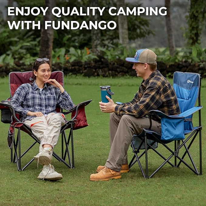 FUNDANGO Oversized Camping Chairs for Adults, Heavy Duty Fold Up Sports Games Lawn Chairs, Extra Wide Big Man Outdoor Chairs with Padded Lumbar Support Backrest, Bag Included for Camp, Outside, Beach