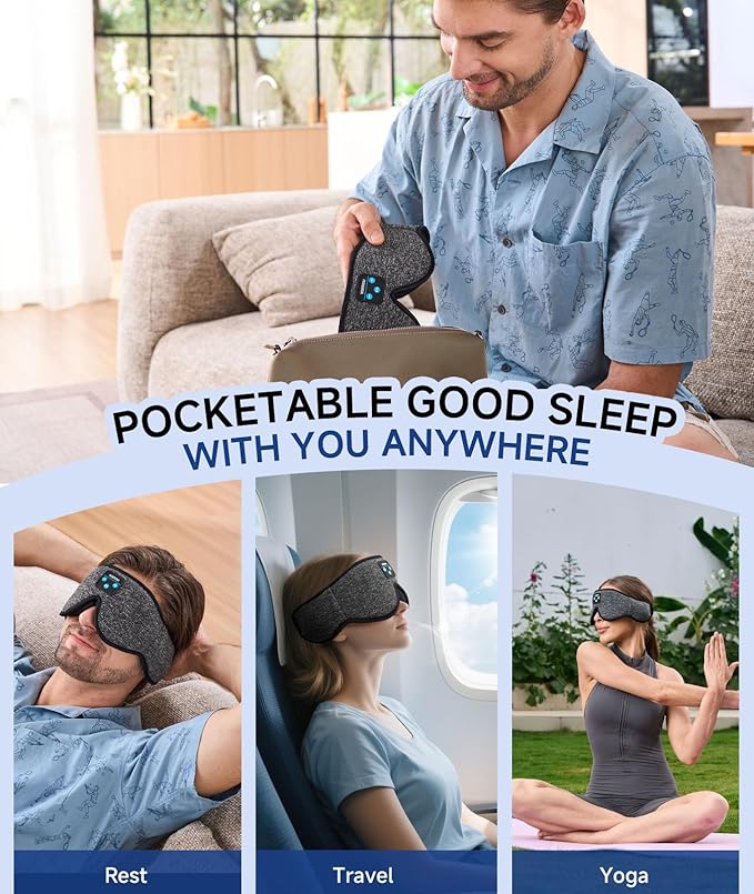 Voerou Sleep Headphones Sleep Mask Bluetooth 5.4 Earphones, Sleeping Headphones Eye Masks for Men Women, 100% Black Out Eye Covers for Sleeping, Relaxation Christmas Tech Gifts for Teen Boys Mom Dad
