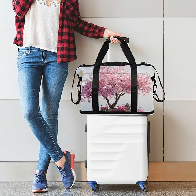 Travel Duffel Bags for Women Cherry Blossom Tree on Water Island Sports Duffel Bags Gym Bags with Shoes Compartment Tote Bag Weekender Bag for Travelling