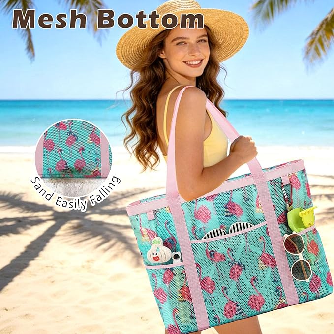 Mesh Beach Bag with Zipper, Large Beach Tote for Women, Toys Pool Swim Bag Travel Vacation Cruise Essentials