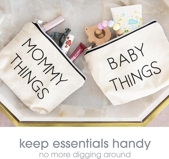 Pearhead Mommy and Baby Things Pouch Set, Canvas Zipper Organizer Bags for Diaper Bag and Travel, Cosmetic and Makeup Bag for Mom