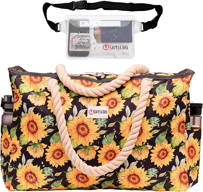 Beach Bag and Pool Bag Has Cooler Pocket, 7 Pockets Total, Zip Top. Family Size Waterproof Beach Tote
