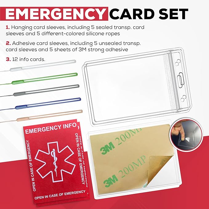 Emergency Contact Card 12 Pack with 10 Card Sleeves - Child ID Card for Car Seat Safety Stickers and Backpack Tags for Kids - Life Alert for Travel,Camping,Medical Fokder,Daycare Essential