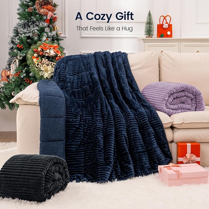 Sherpa Fleece Adult Weighted Blanket 20lbs with Ribbed Stripes, Dual Sided Fuzzy Warm Blanket for Couch Bed Sofa, Heavy Thick Blankets with Glass Beads Great for Sleep, Navy Blue, 60" x 80"