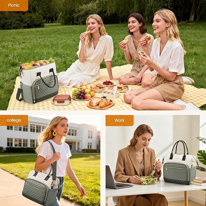LOVEVOOK Lunch Bag Women, Insulated Adult Lunch Box for Women Work, Wide Opening Leakproof Cooler Tote Bag for Office Campus Picnic Beach with Shoulder Strap, Loncheras Para Mujer with Cup Holder
