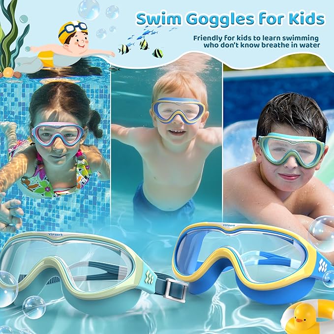 Kids Swim Goggles for Kids 6-14, Anti-Fog & UV400 Lens, Comfortable Silicone Design, Includes Nose Clip & Earplugs