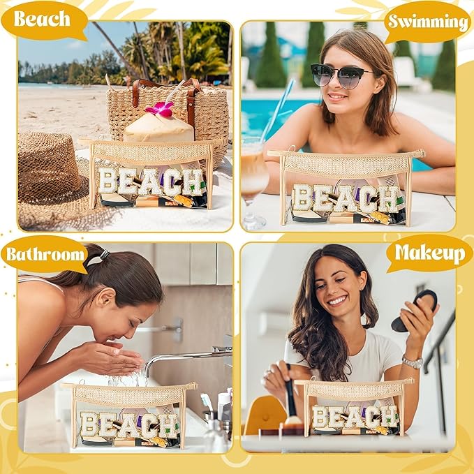 Boho Patch Beach Cosmetic Bag - Summer BEACH Chenille Varsity Toiletry Makeup Bag Beige Letter Clear Waterproof Travel PVC Zipper Clutch Daily Use Purse Summer Makeup Pouch for Women Girls