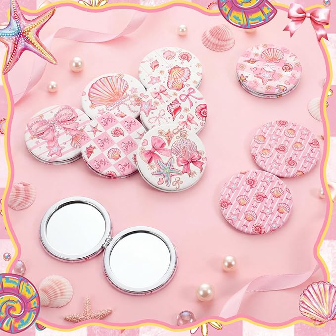 Weysat 9 Pcs Pink Seashell Bow Compact Mirrors Double Sided Magnifying Makeup Mirrors with PU Leather Case Portable Pocket Mirror for Women Girl Mother's Day Wedding Bridesmaids Gifts