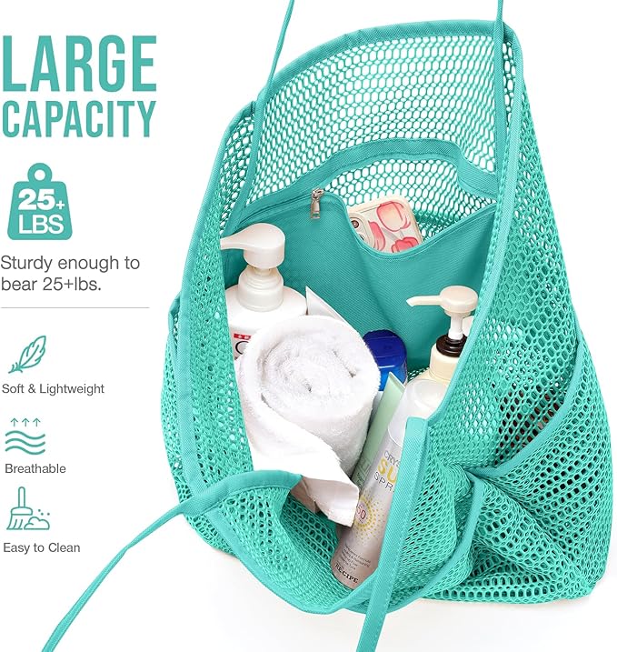 KPX Beach Bag with Mini Pocket, Beach Tote Bags for Women Large Foldable Mesh Swimming Pool Travel Bags - Sandproof