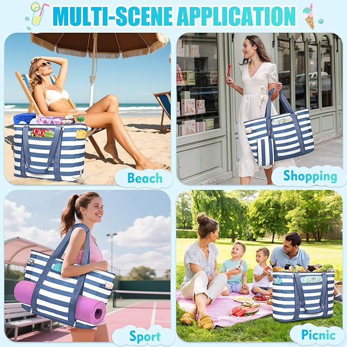 Extra Large Beach Bags for Women, Waterproof Sandproof Beach Tote Bag Foldable Swim Pool Bag with Zipper and Wet Pocket
