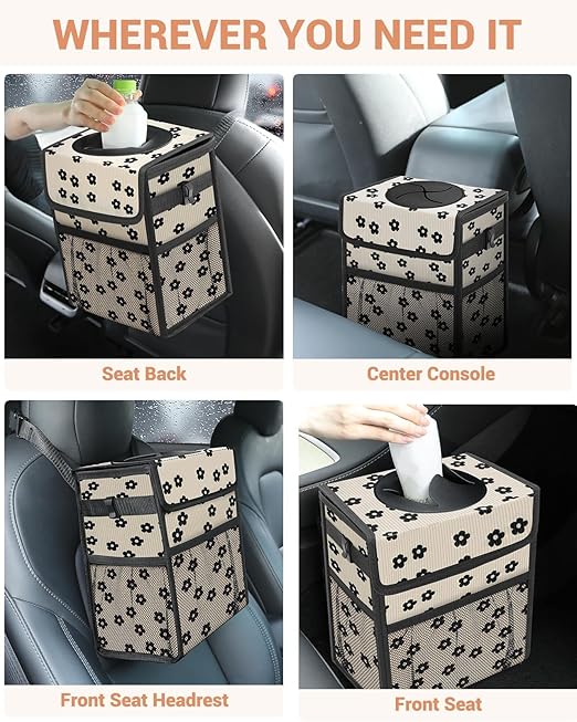 Capolo Car Trash Can with Lid, Leakproof Car Trash Bag Hanging Waterproof Automotive Garbage Can with Storage Pockets Mini Vehicle Trash Bin for Back/Front Seat(Corduroy Black Flower,3 Gallon)
