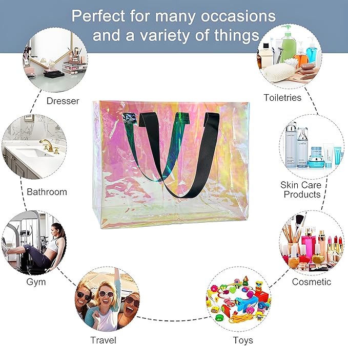 Holographic PVC Beach Bag Waterproof - 18×13×6inch Large Clear Tote for Women Men Pool Travel Sandproof Carry All