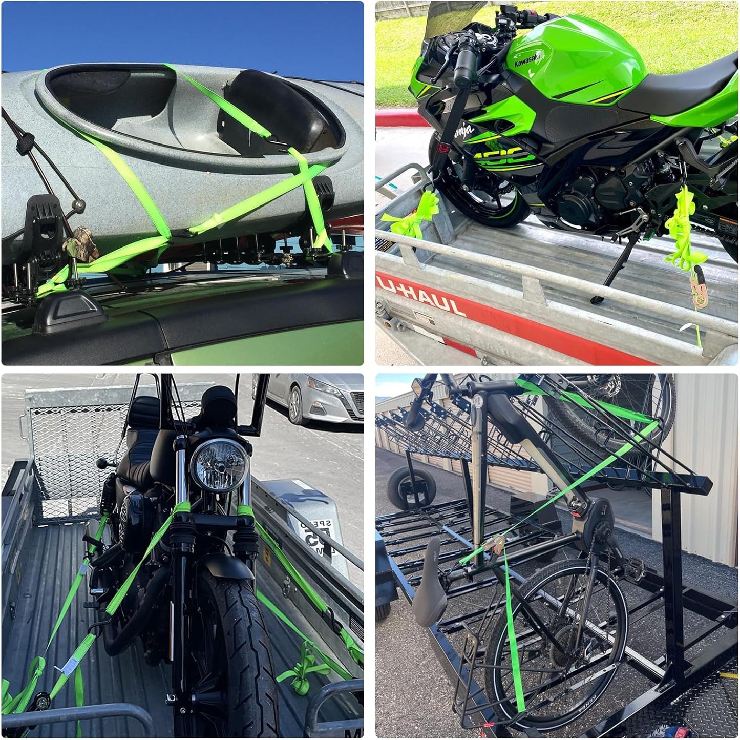 XSTRAP STANDARD Ratchet Tie Down Straps 4 Pk 10 Ft- 300 Lbs Load Cap- 900 Lbs Break Strength-Cargo Straps for UTV, ATV, Pickup,Truck, Moving Appliances, Lawn Equipment, Neon Green