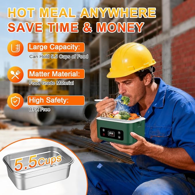 Heated Lunch Box,Pro 24000mah Electric Lunch Box,Battery Powered, 5.5 Cups Portable Food Heater-3D-5 Side Heating-Intelligent Temperature Control,Suitable For Trucks,Offices, Outdoors(Army/Green)