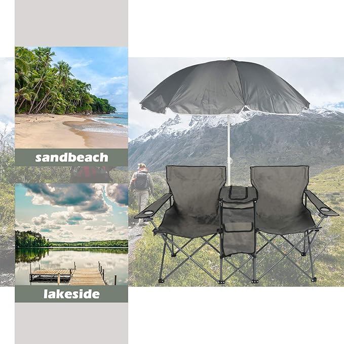 YILI Double Folding Camping Chairs, Portable Camping Chairs w/Removable Umbrella Mini Table Cooler Bag, Outdoor Picnic Double Folding loveseat Camp Chairs for Beach Patio Pool Park (Grey)