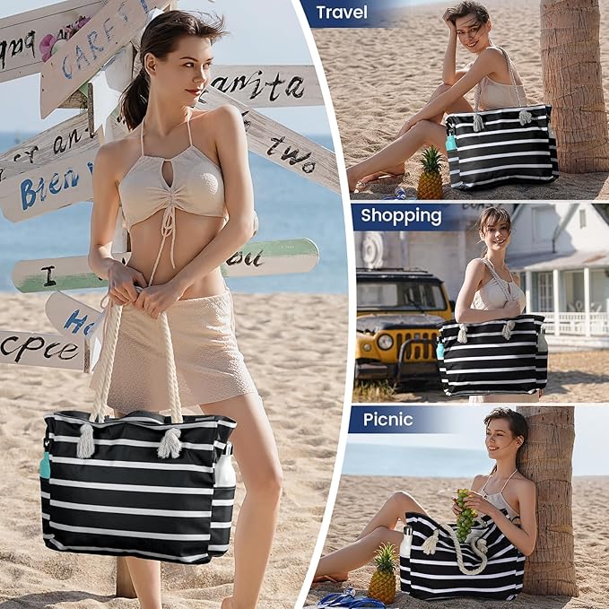 Clothirily Beach Bag for Women - Large Beach Tote Bag, Waterproof Sandproof Beach Bag with Zipper, Large Swim Pool Beach Tote