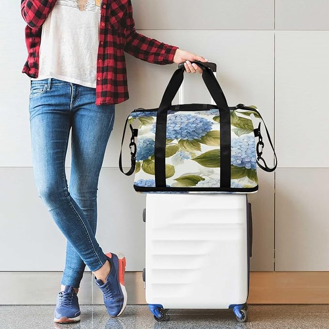 Travel Duffel Bags for Women Watercolor Blue Hydrangea Floral Sports Duffel Bags Gym Bags with Shoes Compartment Tote Bag Weekender Bag for Travelling